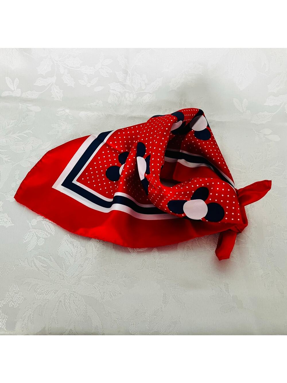 Mod Style Satin Scarf Red White Blue Floral Bandana 21" x 21"